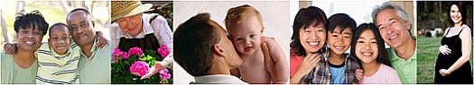 Images of families. babies, an elderly woman, children and a pregnant woman